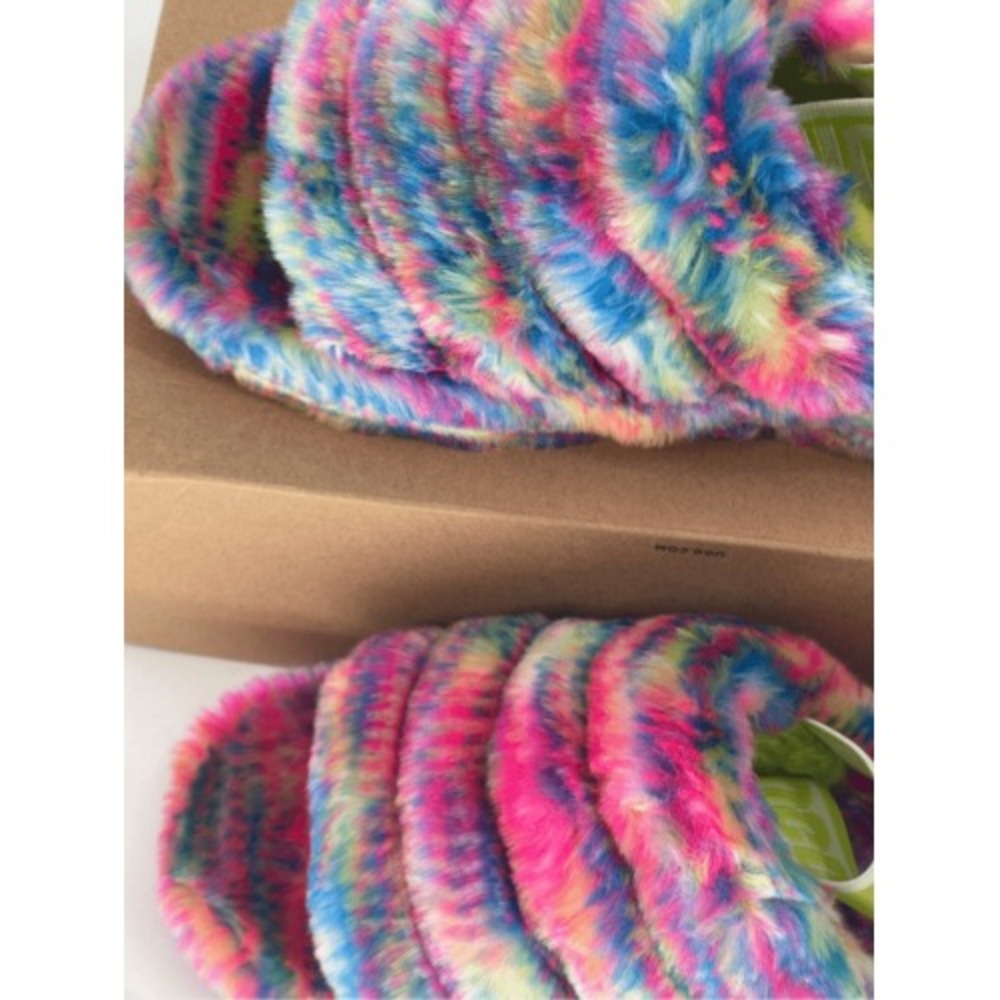 UGG Slippers Women 6 Rainbow Fluff Yeah Pixelate Faux Fur New‎ - Picture 5 of 8